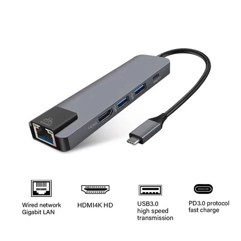 

Type C To for 3.0 Output Practical Aluminium Alloy High Speed Power Delivery 5 In 1 USB Hub Gigabit Ethernet Data Transfer