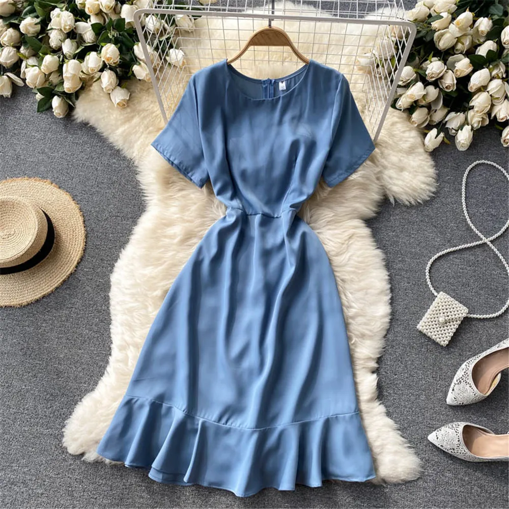 

Sweet Korea Dress Women Summer Solid Short Sleeve Midi Dresses Fashion Basic Sundress Female Robe Slim Vestidos Woman Clothing