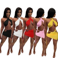 fashion women sexy halter crop top lace up hollow out bodycon mini skirt two piece set dress fashion night club beach sui
