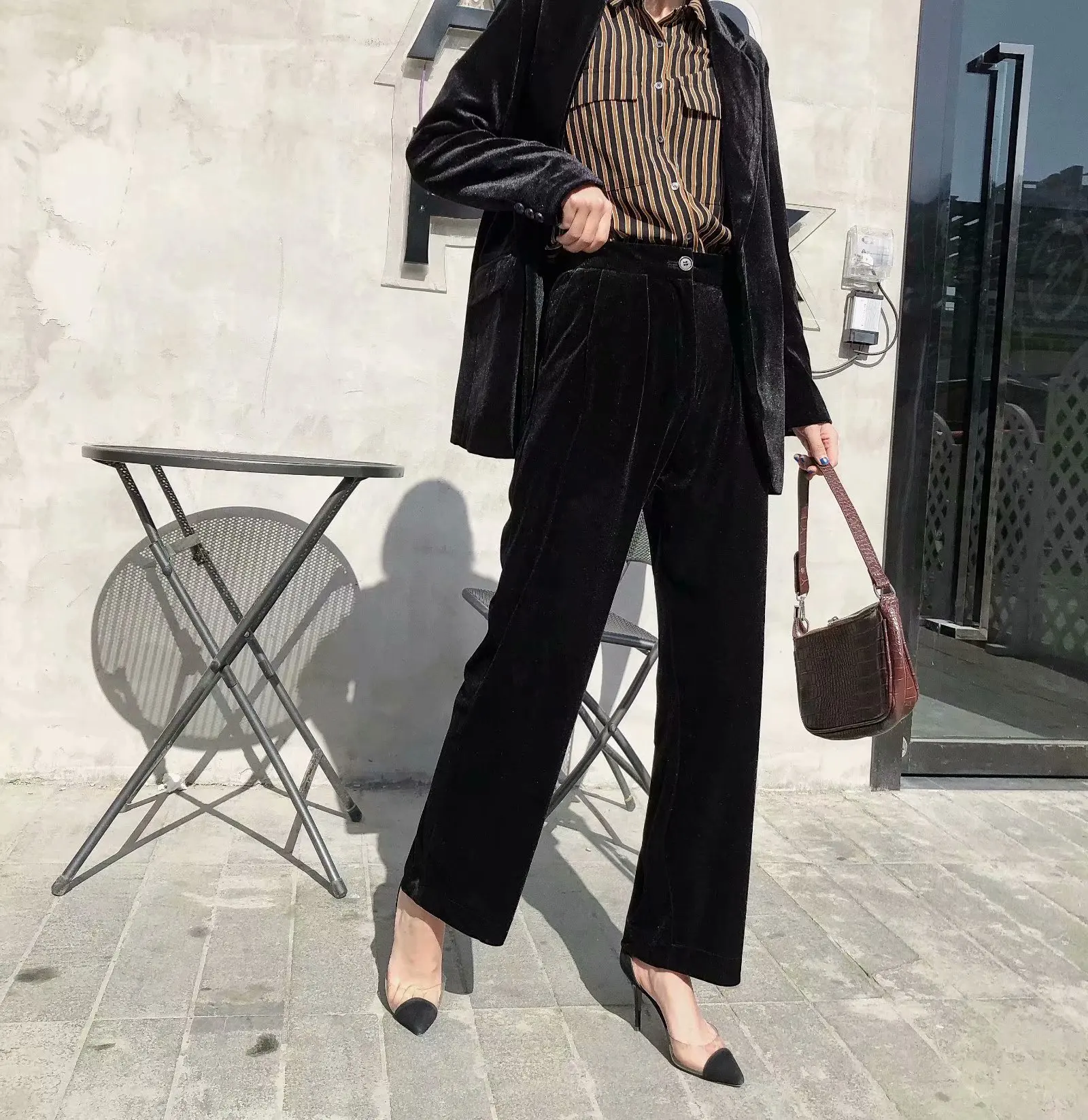

TMODA355 2 Pieces Sets Za Women Elegant Black Velvet Single Button Blazers Women Jackets Tops And Suit Pants Trousers Women Set