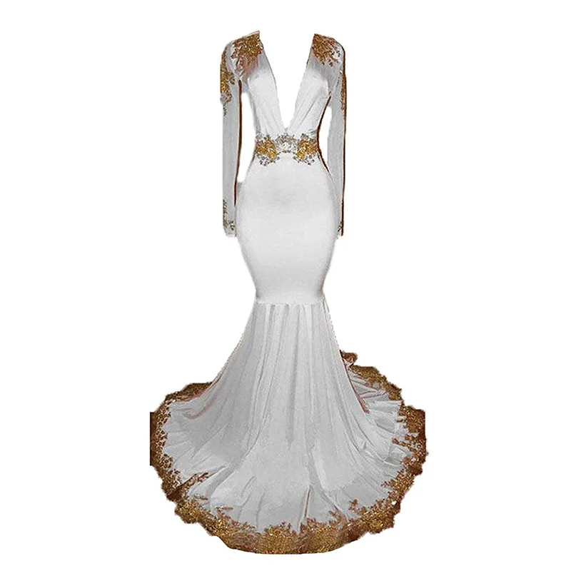 Women's White Long Sleeves Pink Prom Dress Gold Lace Appliques Mermaid Evening Dress Formal Party Dress abendkleider
