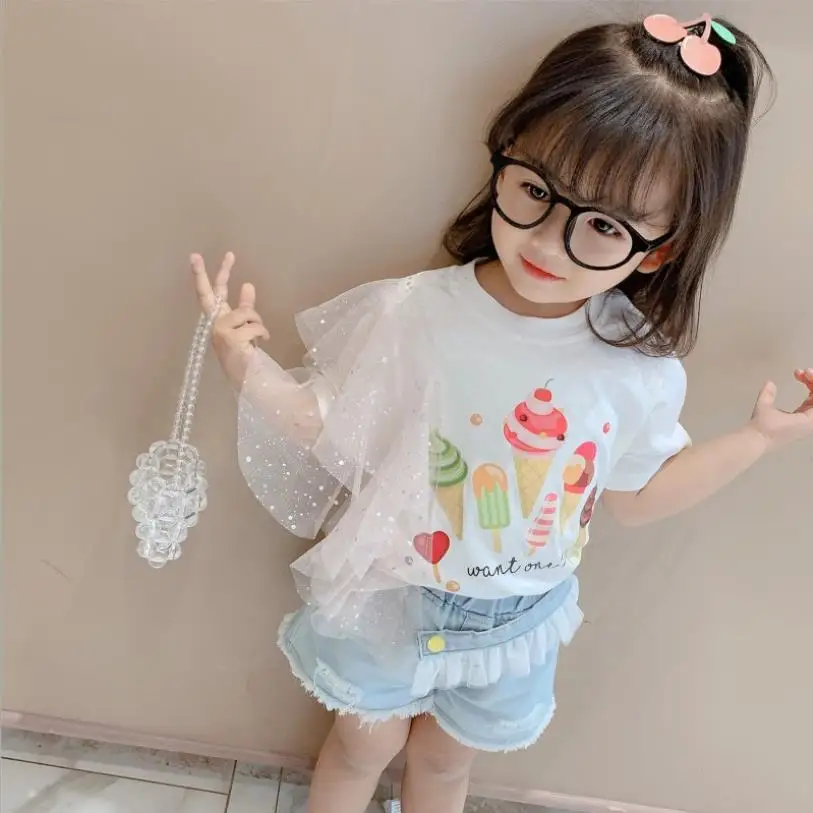 

Children print tops girls mesh short sleeve t-shirt cotton cute tees kids clothes toddler tops 1-8Y ws1657