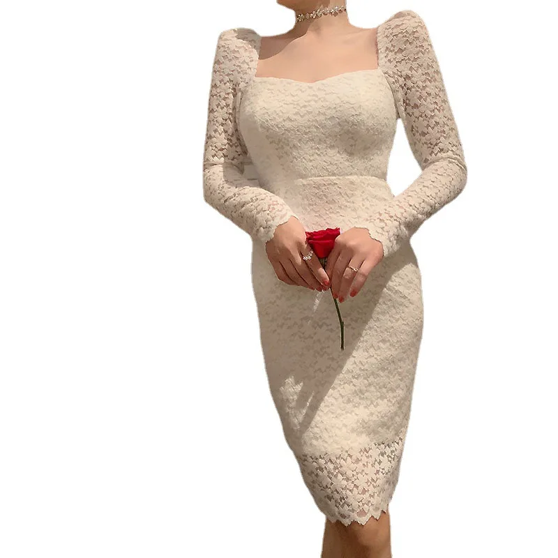 

2021 spring new French celebrity temperament lace dress with plush and frosted warm white base 9420