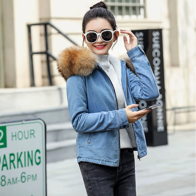 Новинка 2019 теплая зимняя женская джинсовая куртка с мехом модная синяя меховой