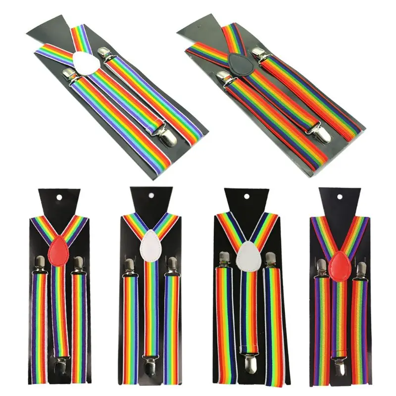 

Men Women Wide Adjustable Straps Y-Back Suspenders Rainbow Colorful Vertical Striped Elastic Belt with Metal Clips