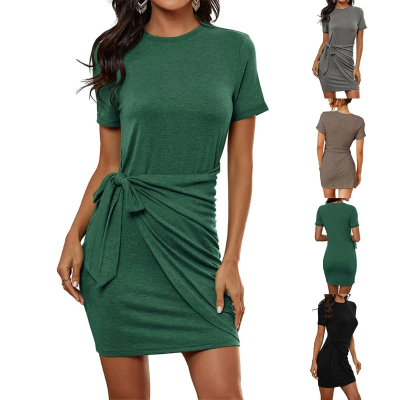

Women Casual Dress Solid Color Tunic Mini Dress Short Sleeve Crewneck Knotted Waist T-Shirts Dress