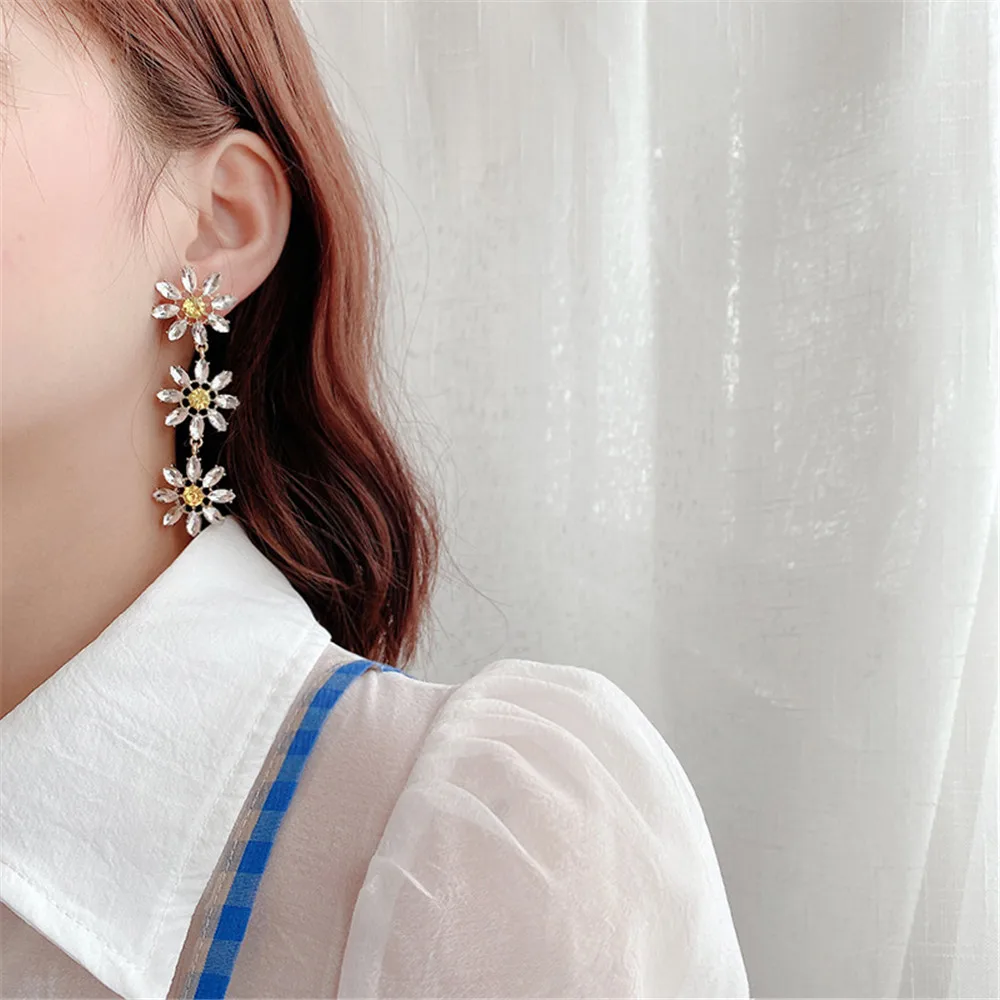 Элегантные висячие серьги в Корейском стиле с желтыми кристаллами и лепестками