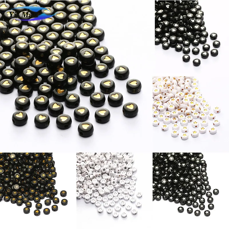 

200 шт./лот акриловые сердца звезды черные белые Смешанные Круглые бусины-разделители для изготовления ювелирных изделий ручной работы Бисе...