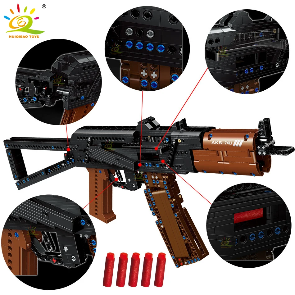 HUIQIBAO 881Pcs DIY Aks-74u Submachine Gun Building Blocks Military Technical Weapon Educational Bricks Toys For Children | Игрушки и