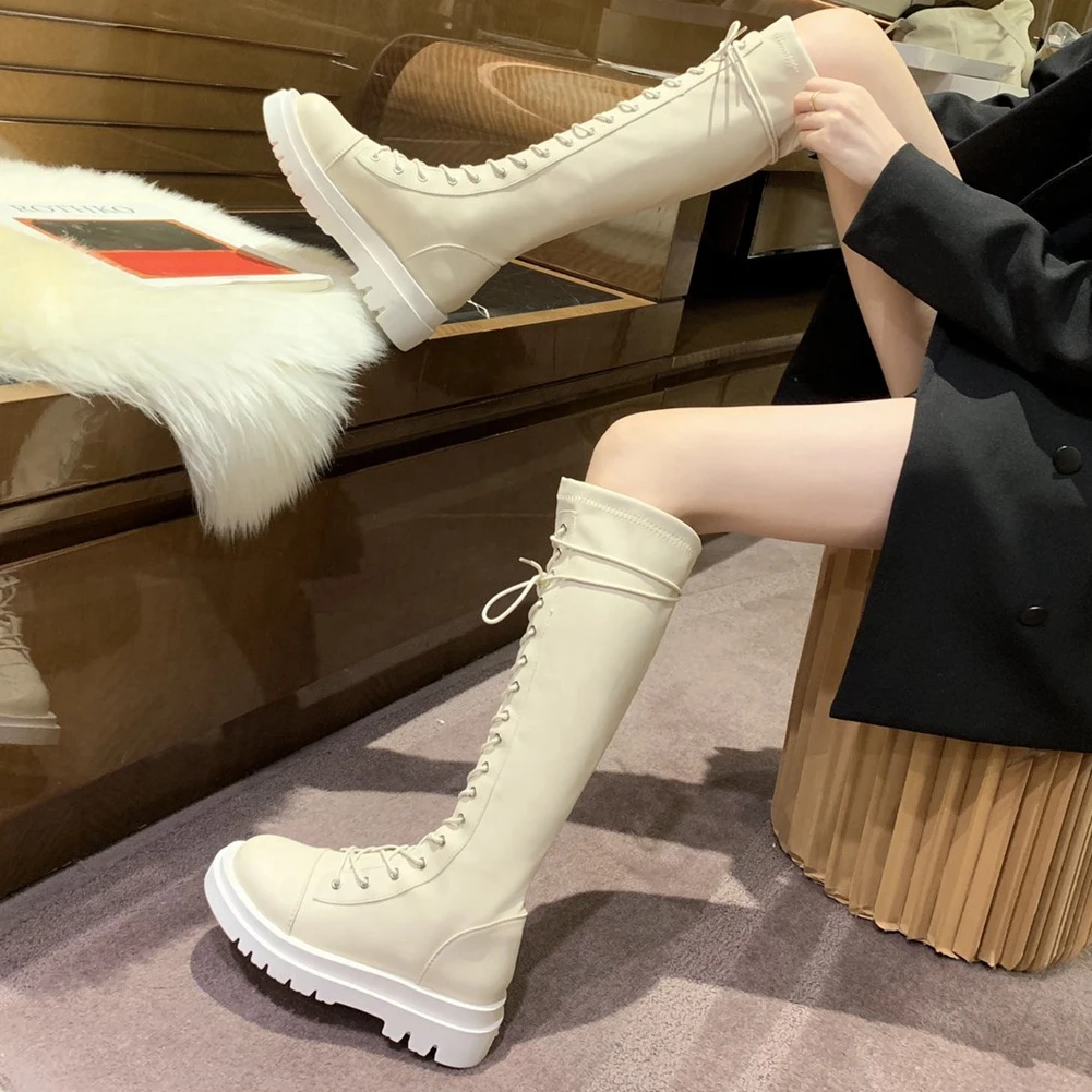 

DORATASIA Brand New Ladies Chunky Heels Knee High Boots Autumn shoelace Street Motorcycle Boots Women Platform Shoes Woman