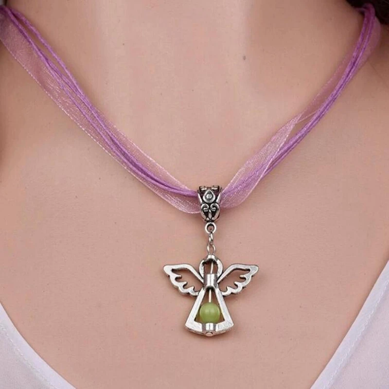 Vintage Silver Opal Angel Necklace Cupid Pendant Statement Imperial Crown Choker Hollow Ange Organza Jewelry Gift | Украшения и