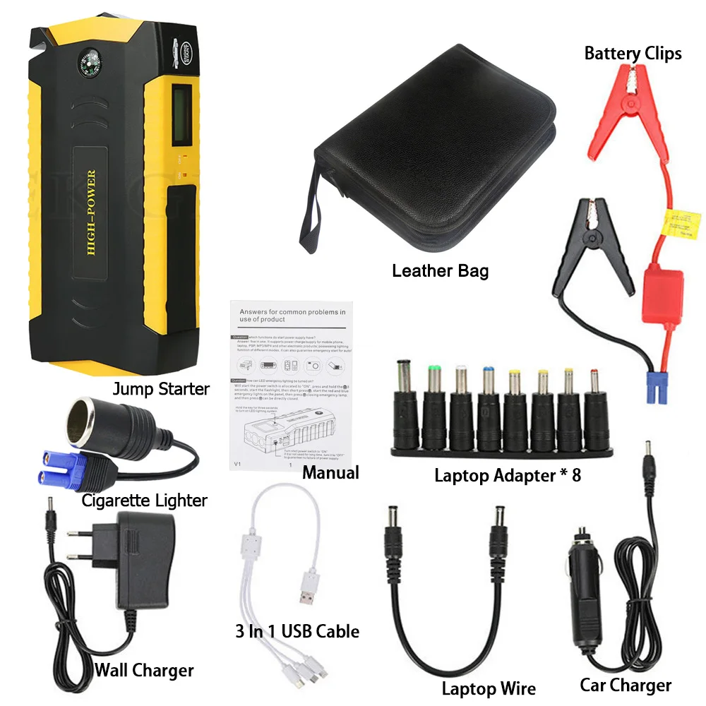 gkfly 9 in 1 car jump starter high capacity starting device portable power bank 12v starter cables booster power battery charger free global shipping