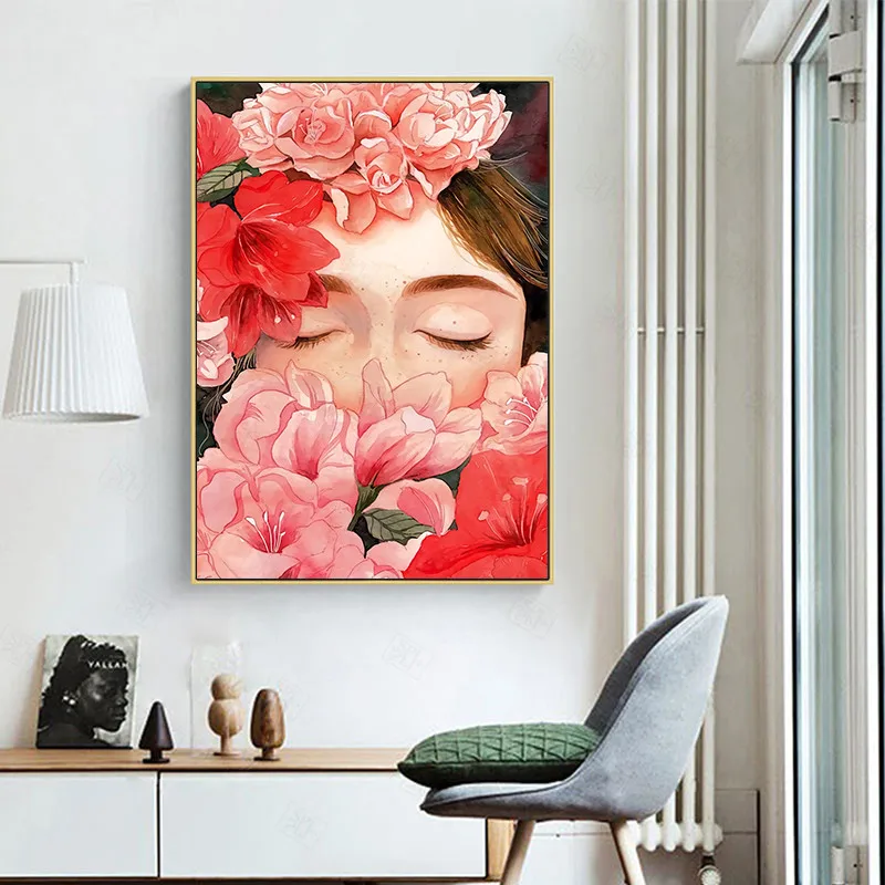 

Scandinavian Nordic Floral Pattern Girl Poster Cartoon Portrait Wall Art Canvas Painting Picture Living Room Home Decoration