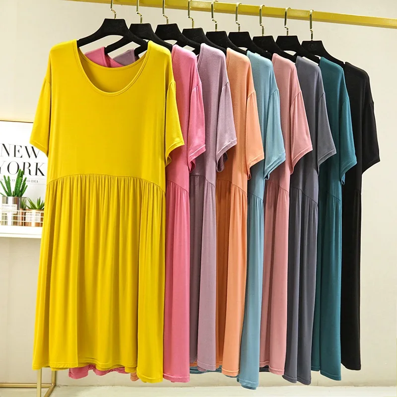 

Повседневное свободное женское платье из вискозы, однотонная Базовая ночная рубашка с круглым вырезом и коротким рукавом, одежда для сна ...