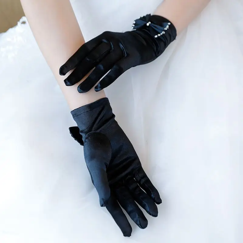 

2021 New Vintage Satin Short Wedding Gloves Rhinestone Bowknot 1920s Flapper Party Mitten