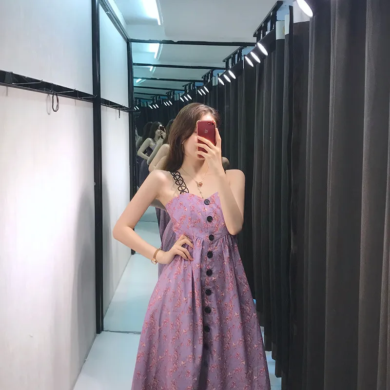

2020 fashion Purple suspender Dress Retro Sexy Super fairy Dresses chic gentle print Sleeveless Dress m453