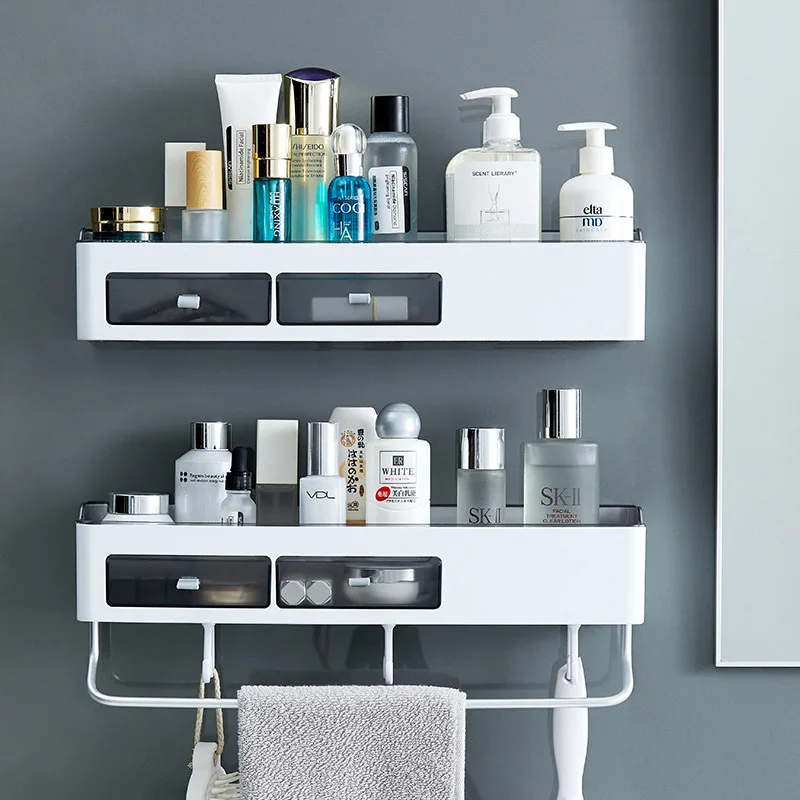

Wall Mounted Bathroom Shelf Waterproof Punch-free Storage Rack With Hooks Multi-function Towel Holder Home Bathroom Accessories