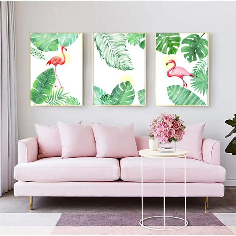 Акварель фламинго Тропическое растение листья монстеры холст живопись Постер в