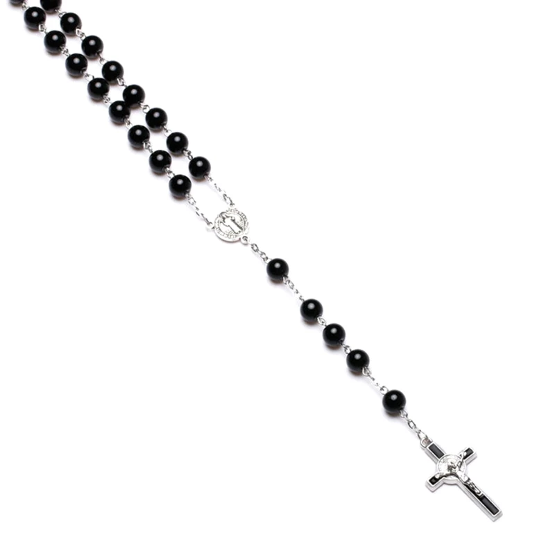 

Black Glass Christ Jesus Cross Religious Necklace Catholic Rosary Necklace Church Souvenirs Prayer Pendant Necklace