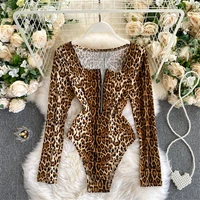 women leopard zipper bodysuit jumpsuit spring summer sexy club long sleeve romper one piece outfits fashion slim female clothing