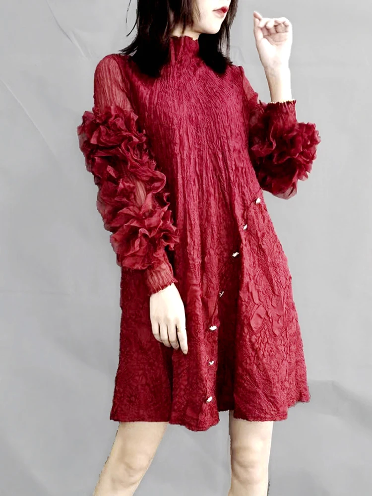 

HOT SELLING Miyake fold long sleeve fashion stand collar Petal sleeve Straight dress IN STOCK