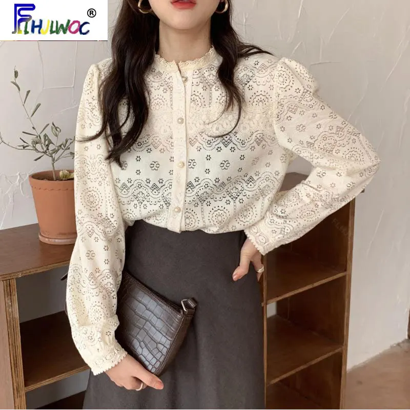 

2020 Crochet Lace Tops Hot Sales Women Fashion Long Sleeve Korean Japanese Style Hollow Out Cute Sweet Blouse Button Shirt 3926