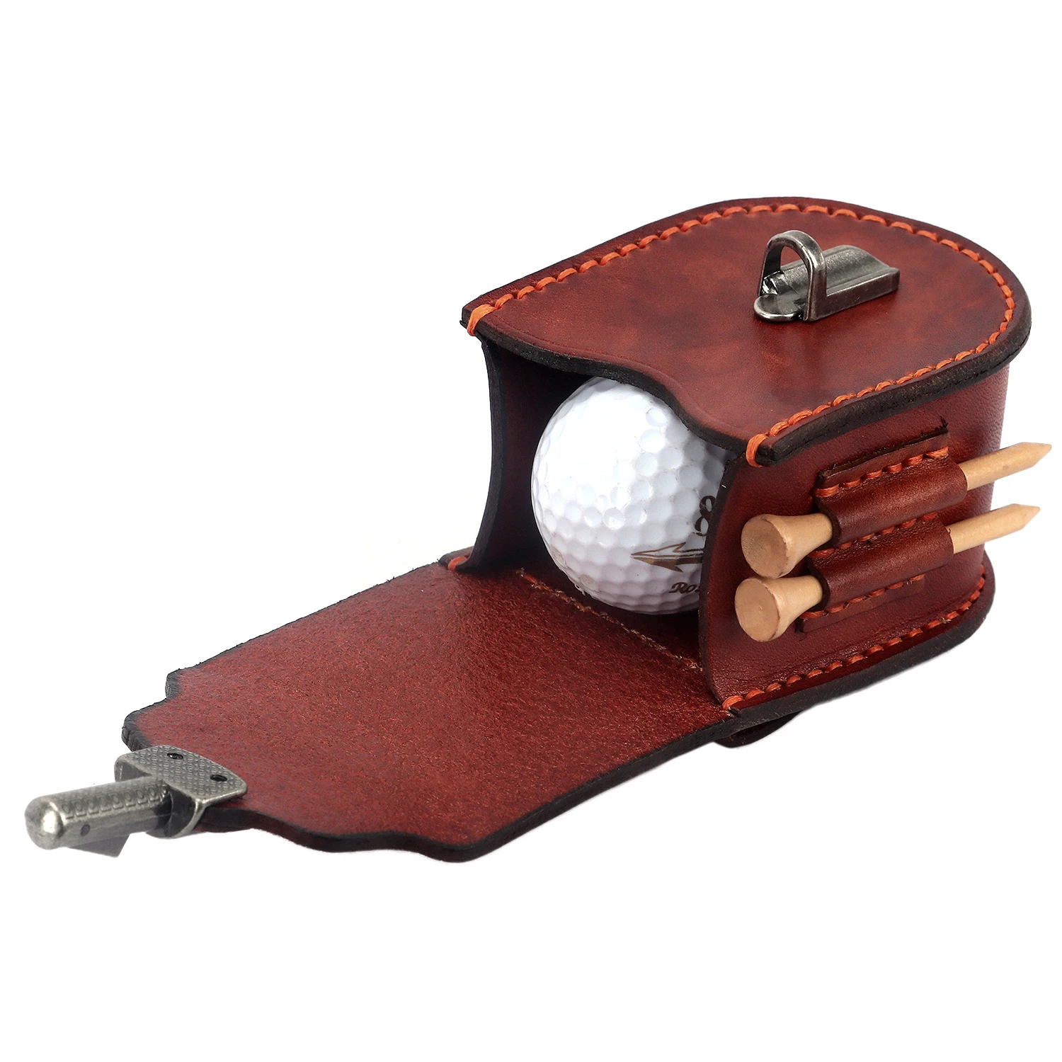 Tourbon Vintage Mini Portable Golf Balls Bag Tee Holder 2 Balls Divot Tool Marker Holder Genuine Leather Waist Belt Golf Pouch