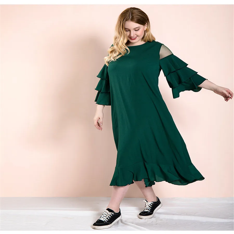 

Summer Plus Dress for Women Slim Fit Elegant Evening Party Dresses Ladies Casual Dress with Ruffles Sleeve Vestidos Wholesale