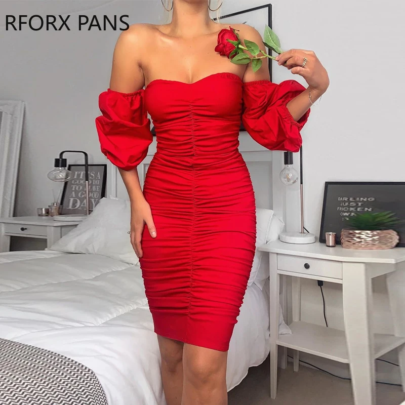 

Solid Off Shoulder Ruched Bodycon Dress Party Dress Summer Dress
