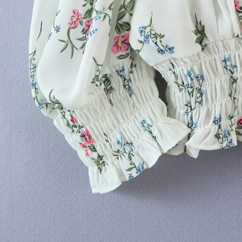 

New Fashion Sexy Elastic Ruched Floral Print Tank Tops 2021 Women Summer Short Puff Sleeve Collar Crop Waist Tees NZ0299