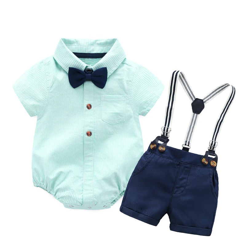 

New Fresh Infant Clothing Short Outfit Romper + Bow + Navy Shorts + Suspenders Belt Sets Baby Boy Clothes