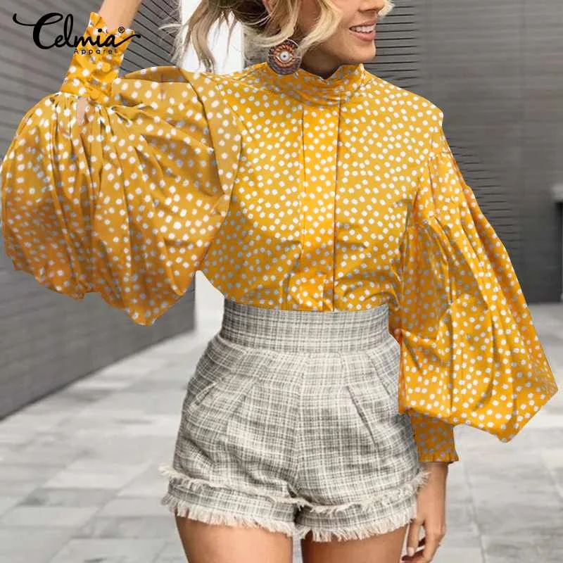 

Celmia Elegant Shirt 2022 Women Fashion Stand Collar Long Sleeve Tops Ladies Blouses Vintage Print Lantern Sleeve Party Blusas