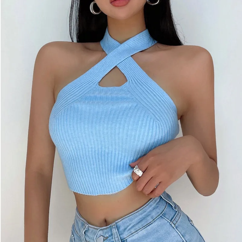 

XUXI Sexy Hollow Cross Halterneck Vest Women's Summer 2021 Short Cropped Knitted Sling Top E2812