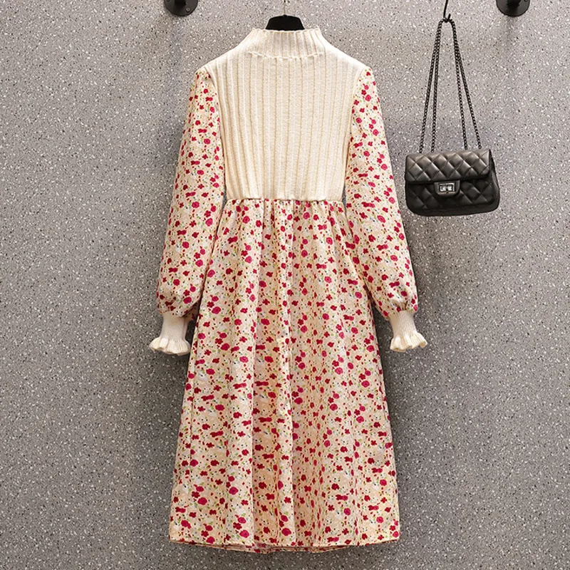 

Patchwork Knitted Dresses For Women Fall Clothes New Arrival Vintage Floral Vestidos Chic Lantern Sleeve Party Boho Long Dress