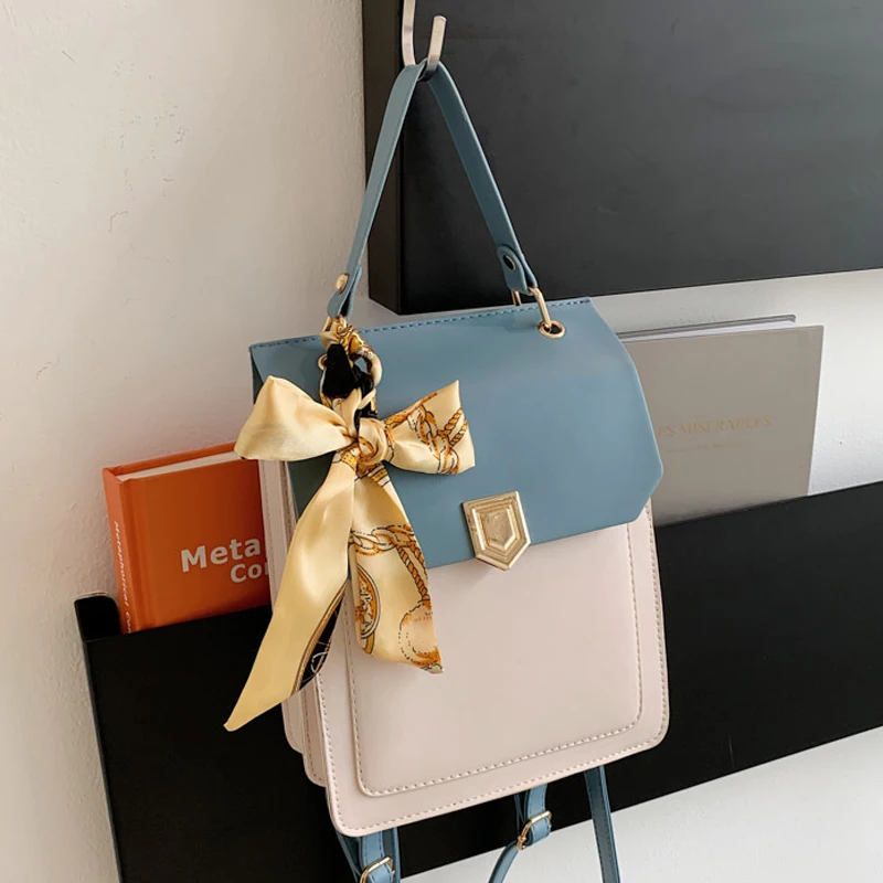 

Double Color Matching Women's Silk Scarf Backpack MiNi Lock Girl School Bag 2021 Ladies Designer Large Capacity Travel Backpacks