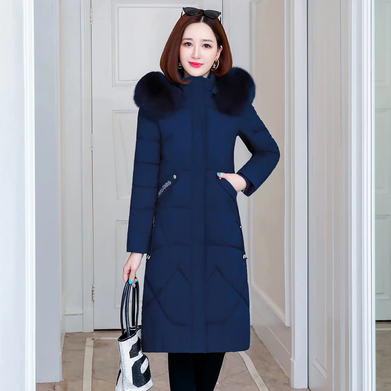 

Thicken Slim Women's Winter X-Long Parkas Fur Collar Hooded Casual Cotton Padded Coat for Female Warm Solid Zipper Down Jacket