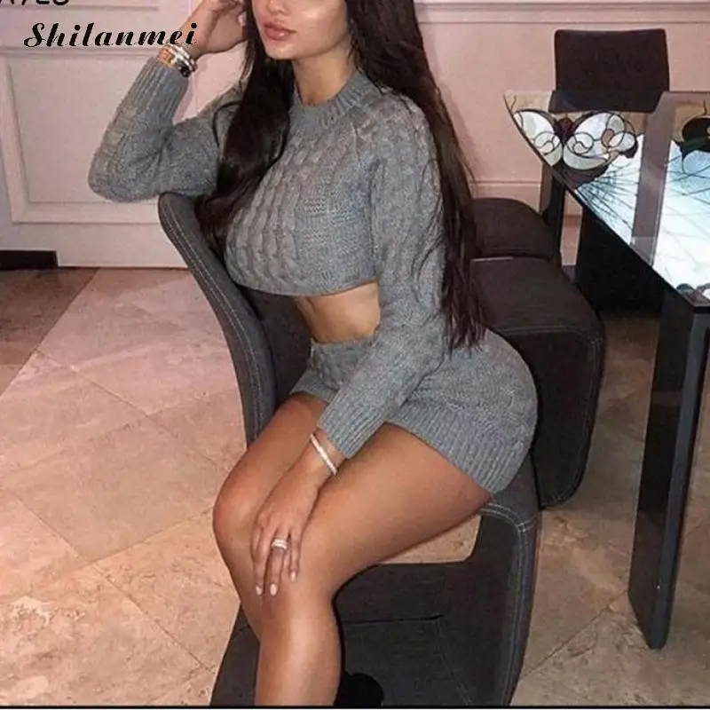 

Sexy Casual Knitted Two Piece Set 2020 Autumn Winter Women Outfit Sets Solid Long Sleeve Crop Top Shorts Suit Elegant Streetwear