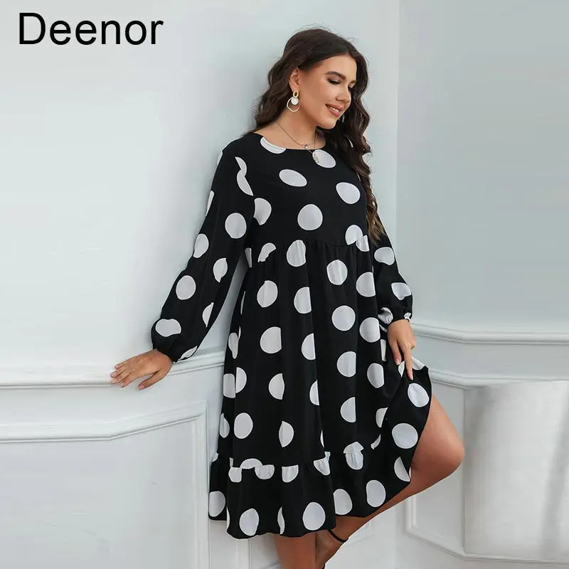 

Женское платье в горошек, с круглым вырезом и длинным рукавом