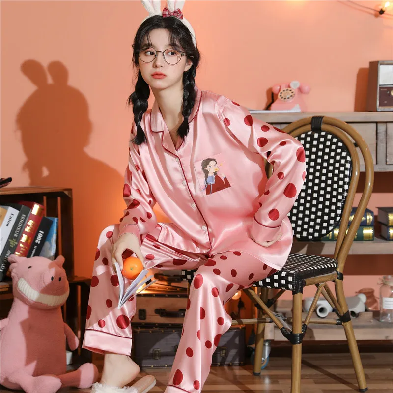 CAIYIER 2021 Silk Satin Pajamas Set Women Sexy Sleepwear Cute Print Girls Lingerie Nightwear Big Size Loungewear M-5XL Pyjamas