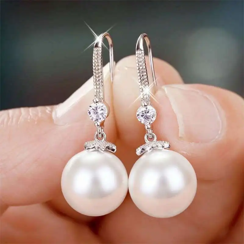 

S925 Sterling Silver Earrings Vintage Pearl Shell Beads Zircon Pendant For Woman Wedding Engagement Lady Accessories