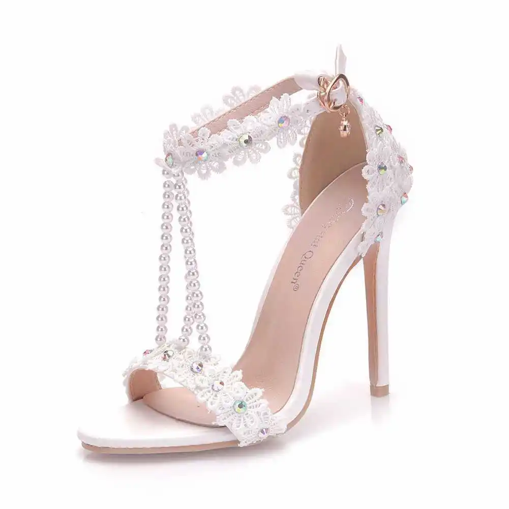 

Sandals white button shoes thin heel fish mouth Roman open toe sandals 11cm Beaded High Heel Sandals