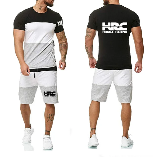 

New Summer Men short sleeve HRC Car Logo Print Gradient High Quality Cotton casual Men T-Shirt Pants Suit 2Pcs