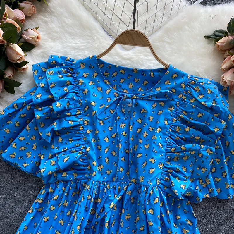 

Kimutomo Korean Sweet Print Blouse Women 2021 Summer Fashion O-neck Flare Sleeve Loose Shirt Female Ruffles Chic Tops Casual