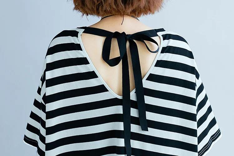 #0135 летнее черно-белое платье-футболка в полоску женское шифоновое свободное