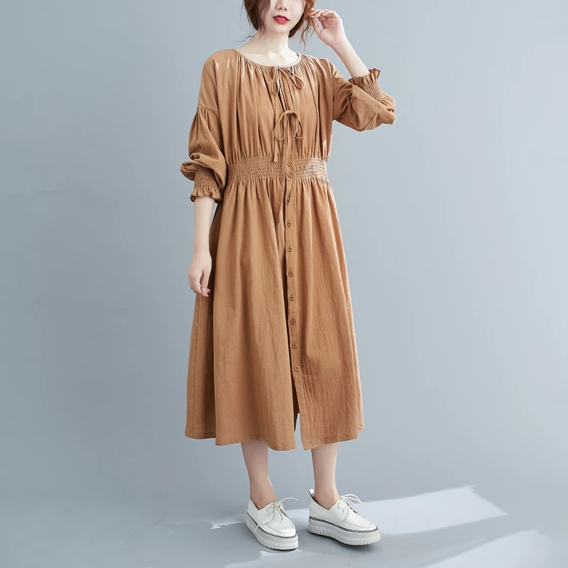 

COIGARSAM Loose Women dress Puff Sleeve O-Neck High Waist Dresses Khaki Black Apricot 9585