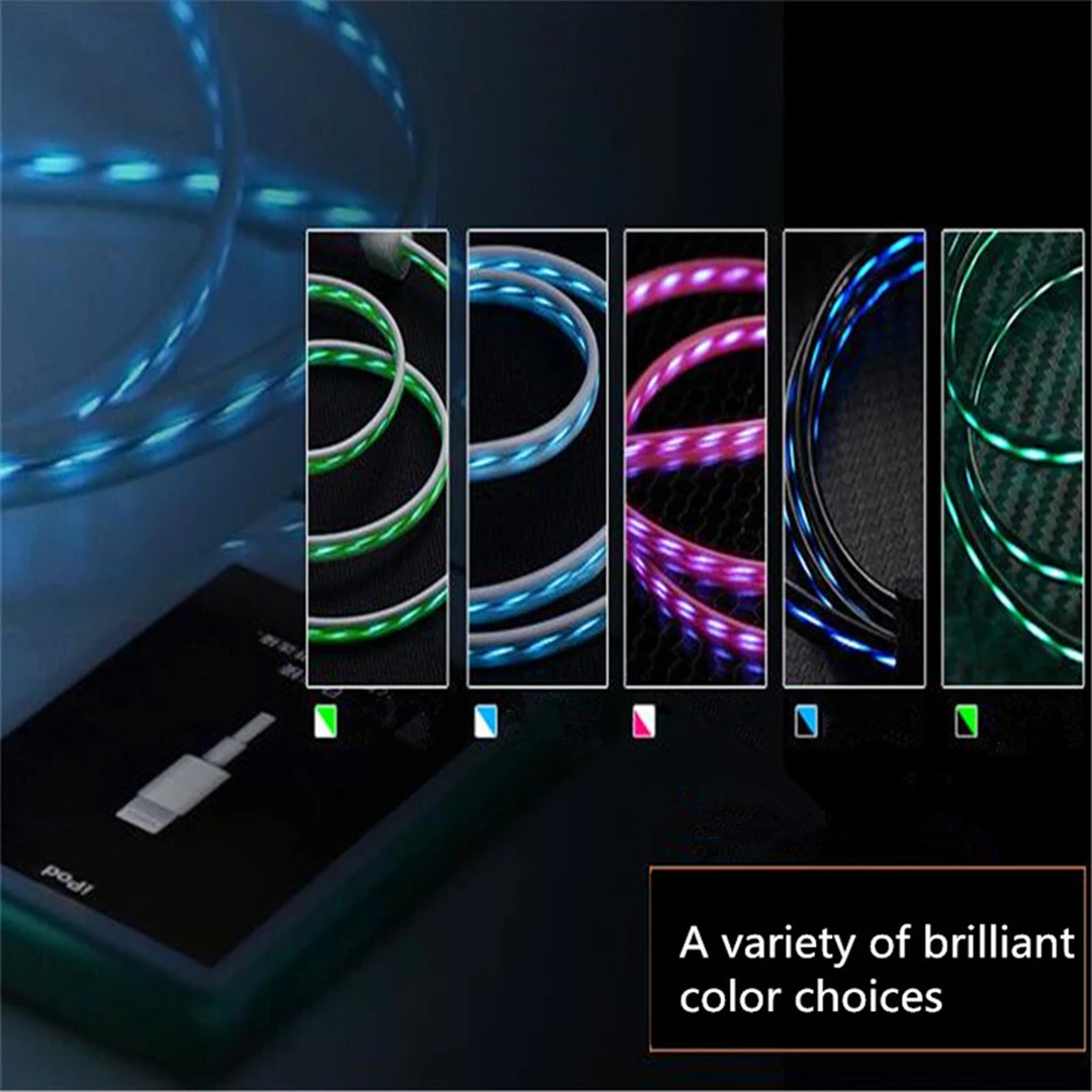 8 Pin микро Тип usb C кабель светодиодный светящийся течет данных, зарядный кабель для мобильного телефона с Зарядное устройство для iPhone samsung освещение световой провод