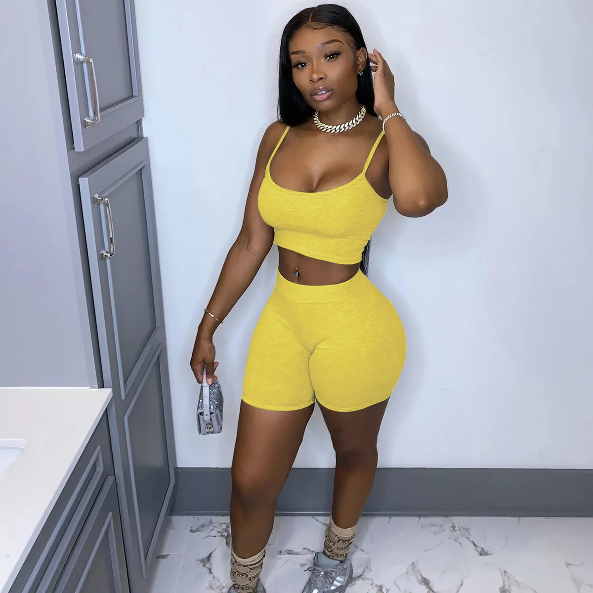 

2020 2Pcs Set Sexy Women Sleeveless Strap Bra Bustiers Tank Vest Crop Tops High Waist Shorts Pants Trousers Tracksuit Summer