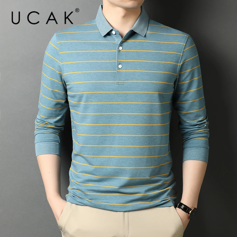 

UCAK Brand Classic Casual Long Sleeve T Shirt Homme Spring Autumn New Tops Streetwear Turn-Down Collar Tshirt Men Clothes U5659