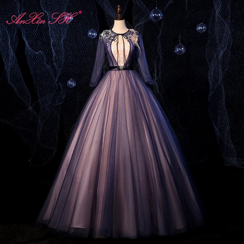 

AnXin SH принцессы темно-синий и розовый кружево Круглая горловина с половинчатым рукавом чёрным гaлстyкoм до винтажные вечерние невесты бально...