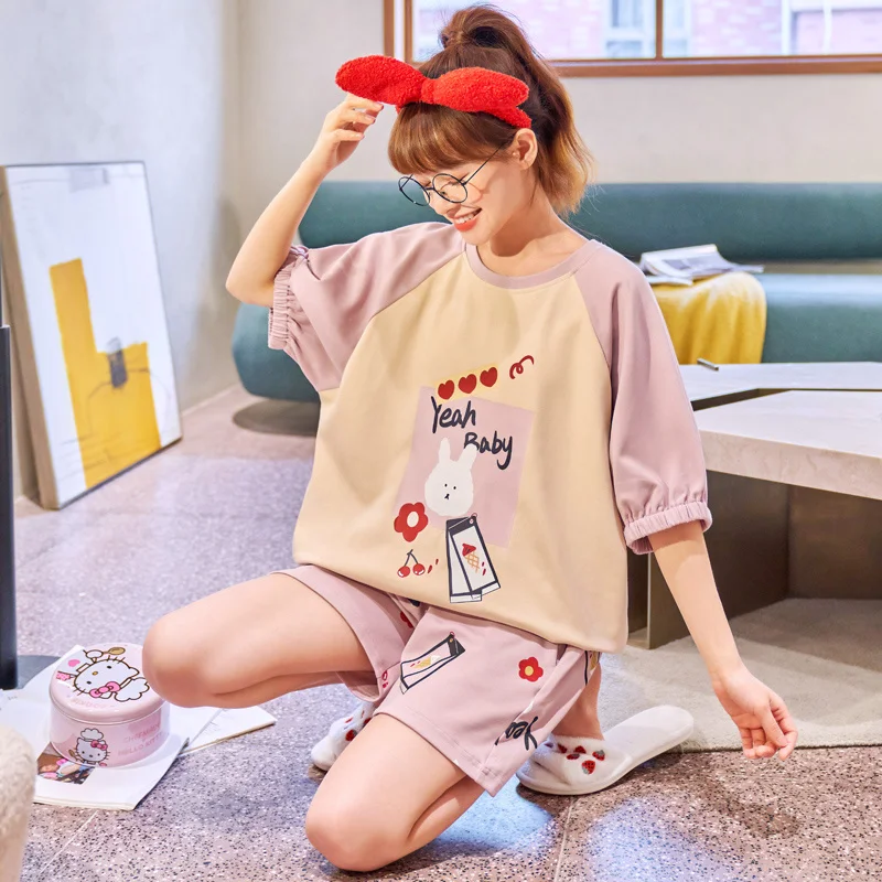 

For Women Korean Cotton O-Neck Homewear Cartoon Kawaii Girls Sleepwear Summer Fashion Pink Short Sleeve Pajamas Sets